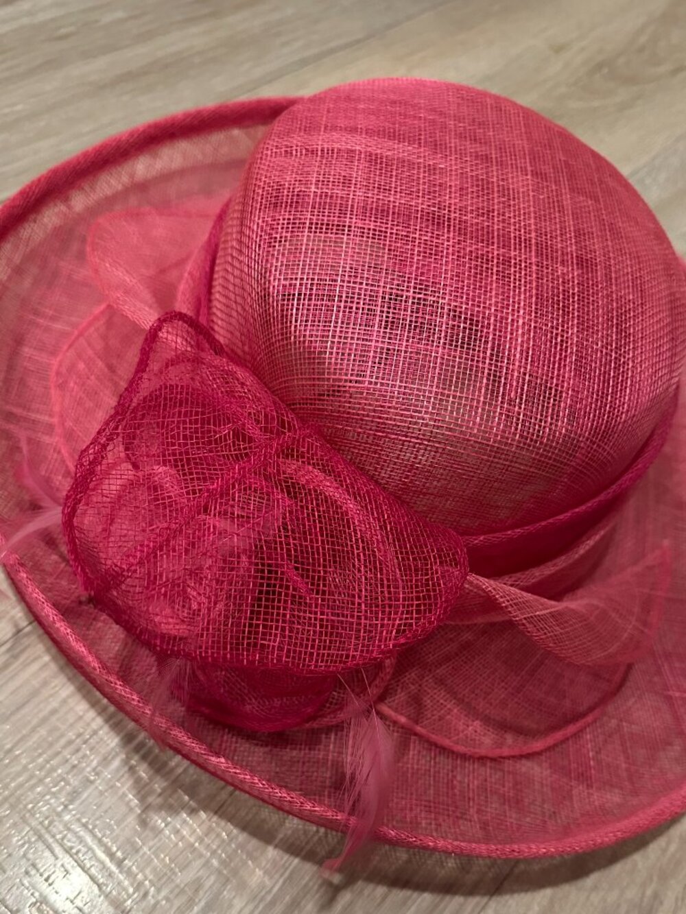Women's Pink Sinamay Wide Brim Dress Hat Bow Feather Church Wedding